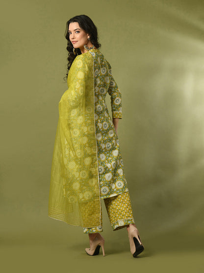 Women's  Multi Printed Cotton Straight Party Kurta Sets With Dupatta