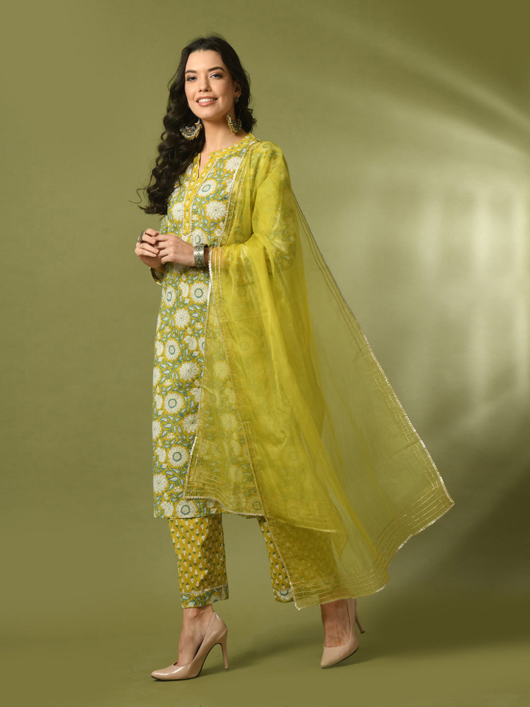 Women's  Multi Printed Cotton Straight Party Kurta Sets With Dupatta