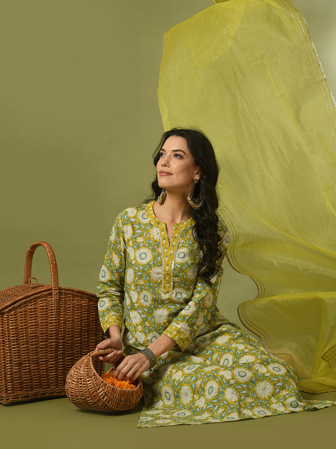 Women's  Multi Printed Cotton Straight Party Kurta Sets With Dupatta