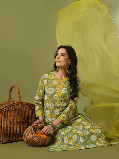 Women's  Multi Printed Cotton Straight Party Kurta Sets With Dupatta