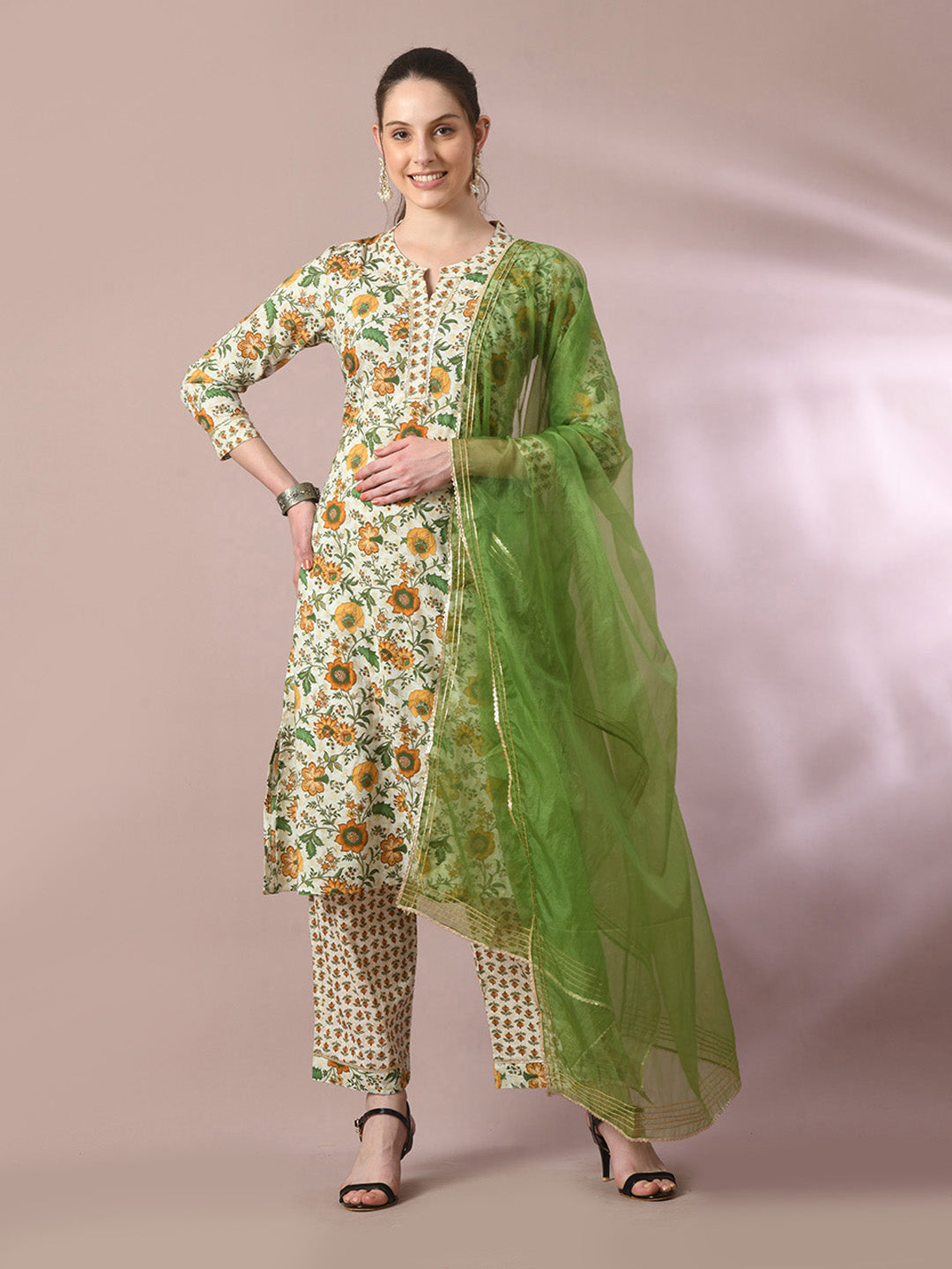 Women's  Multi Printed Cotton Straight Party Kurta Sets With Dupatta