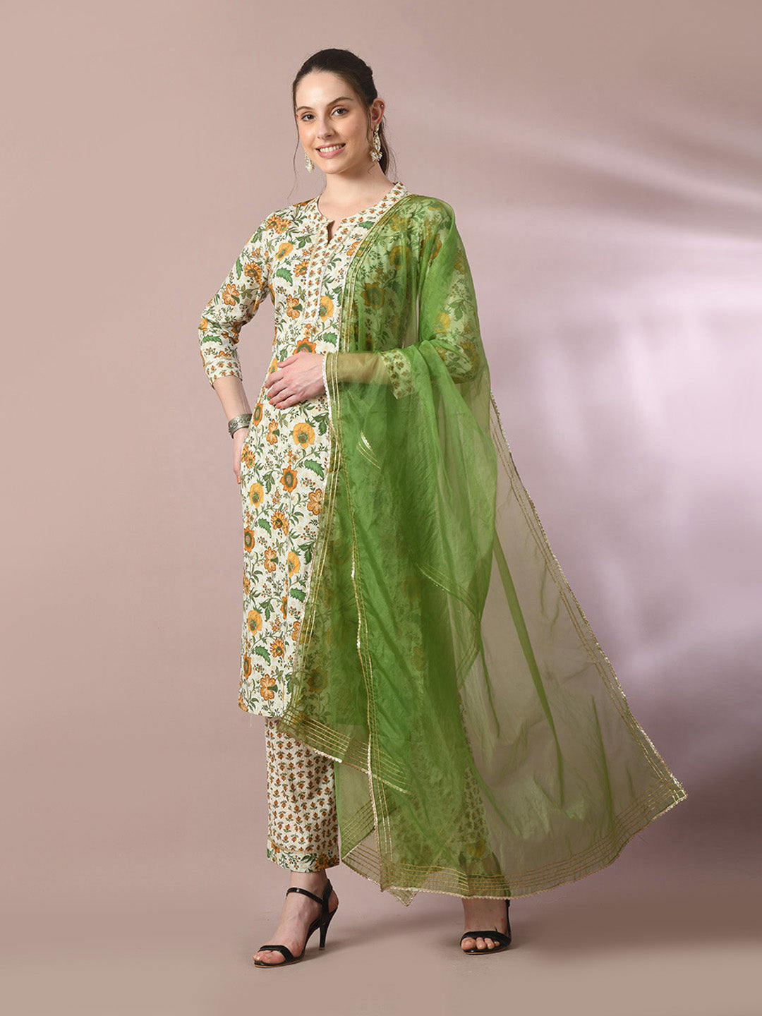 Women's  Multi Printed Cotton Straight Party Kurta Sets With Dupatta