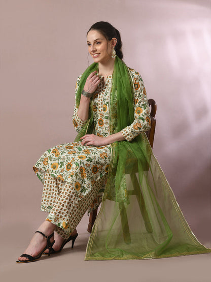 Women's  Multi Printed Cotton Straight Party Kurta Sets With Dupatta