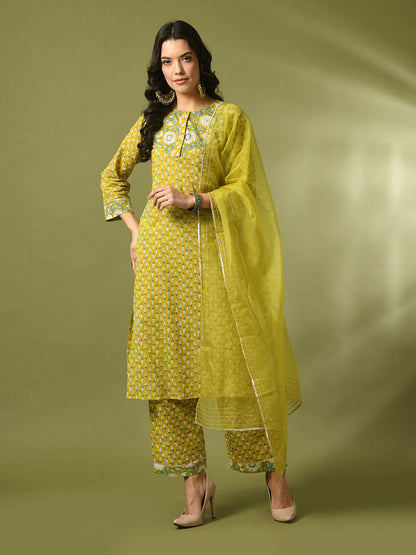 Women's  Yellow Printed Cotton Straight Party Kurta Sets With Dupatta