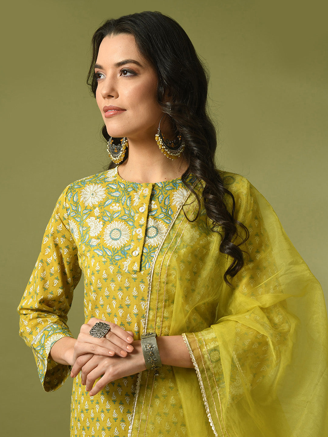 Women's  Yellow Printed Cotton Straight Party Kurta Sets With Dupatta