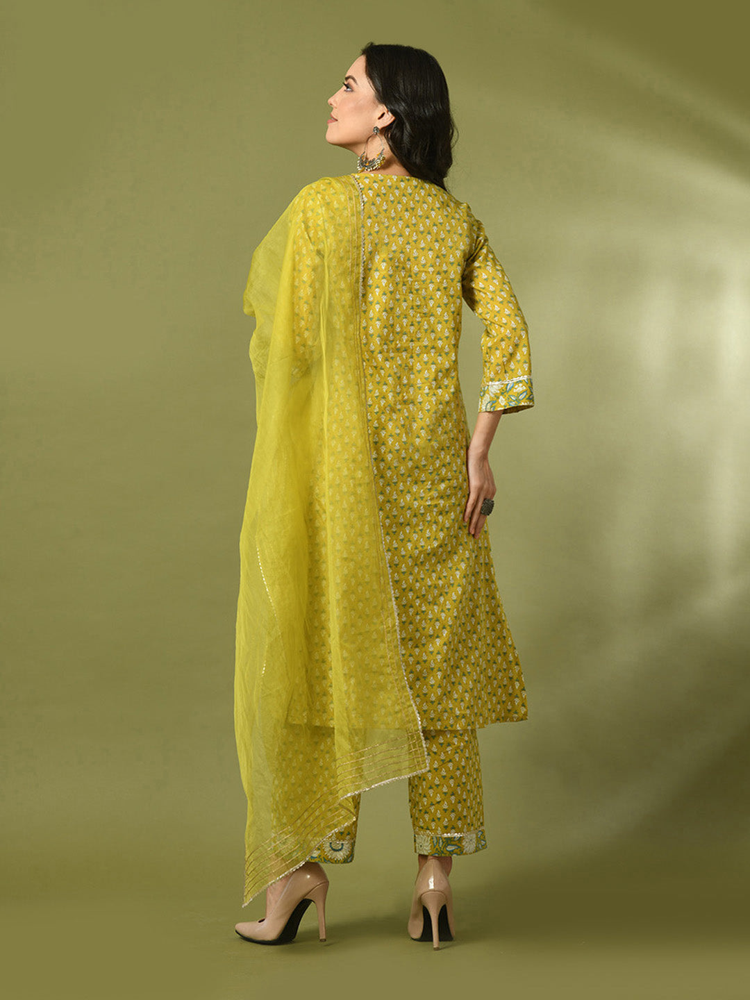 Women's  Yellow Printed Cotton Straight Party Kurta Sets With Dupatta
