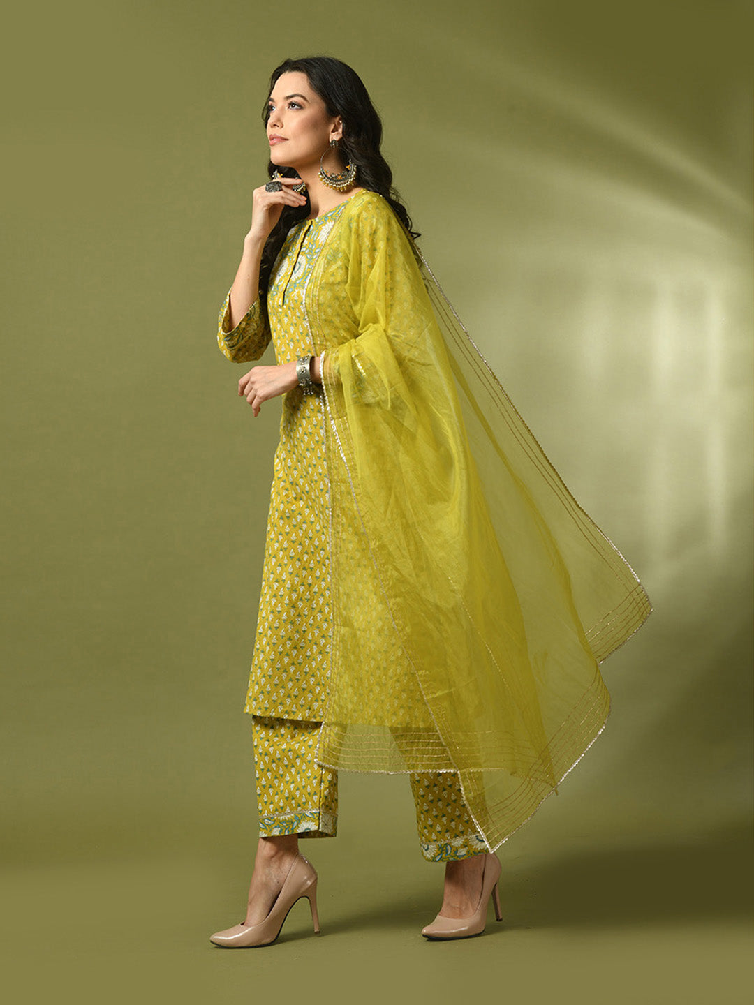 Women's  Yellow Printed Cotton Straight Party Kurta Sets With Dupatta