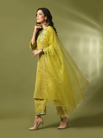 Women's  Yellow Printed Cotton Straight Party Kurta Sets With Dupatta