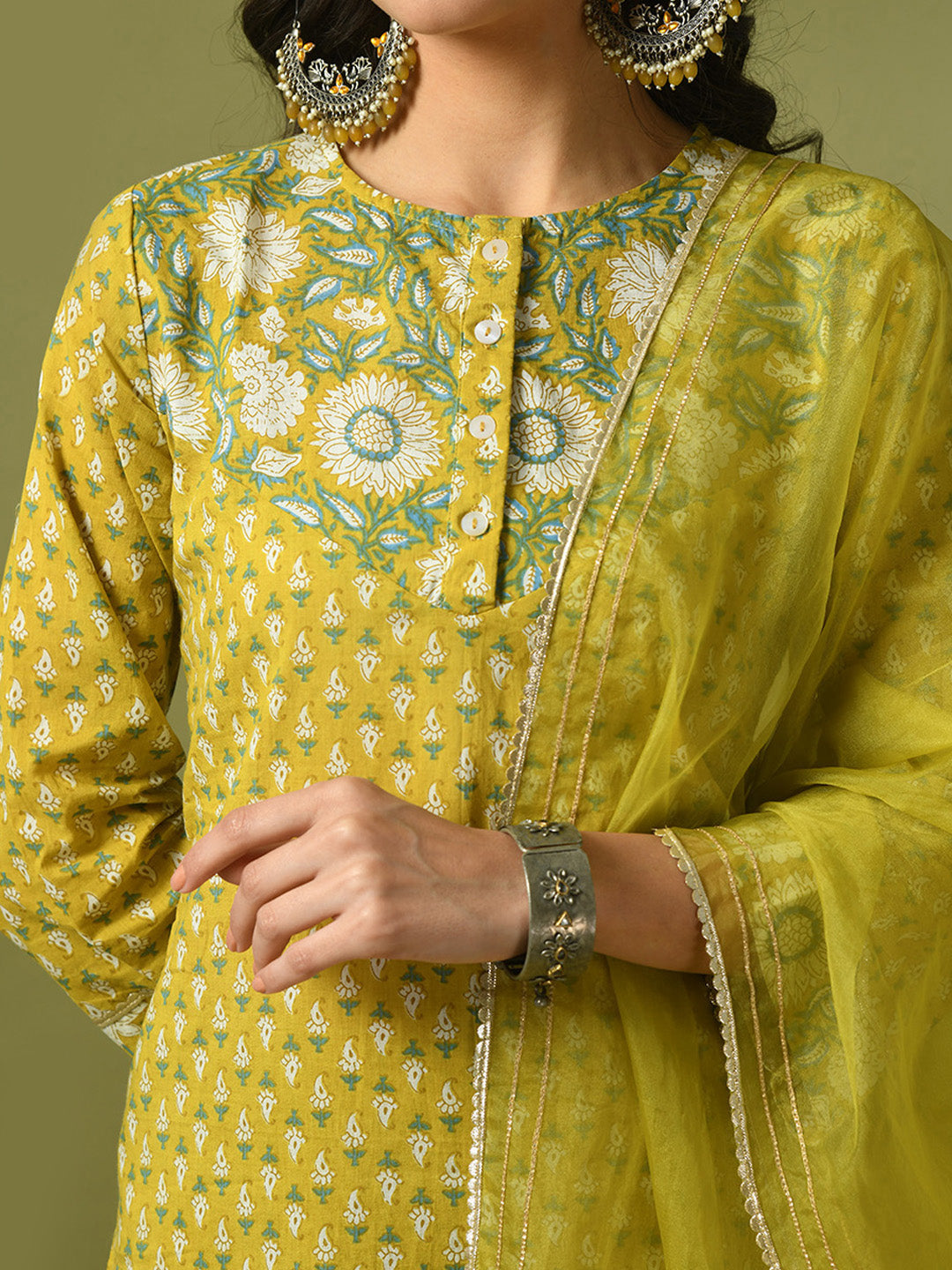 Women's  Yellow Printed Cotton Straight Party Kurta Sets With Dupatta