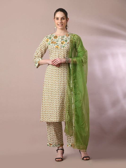 Women's  Multi Printed Cotton Straight Party Kurta Sets With Dupatta