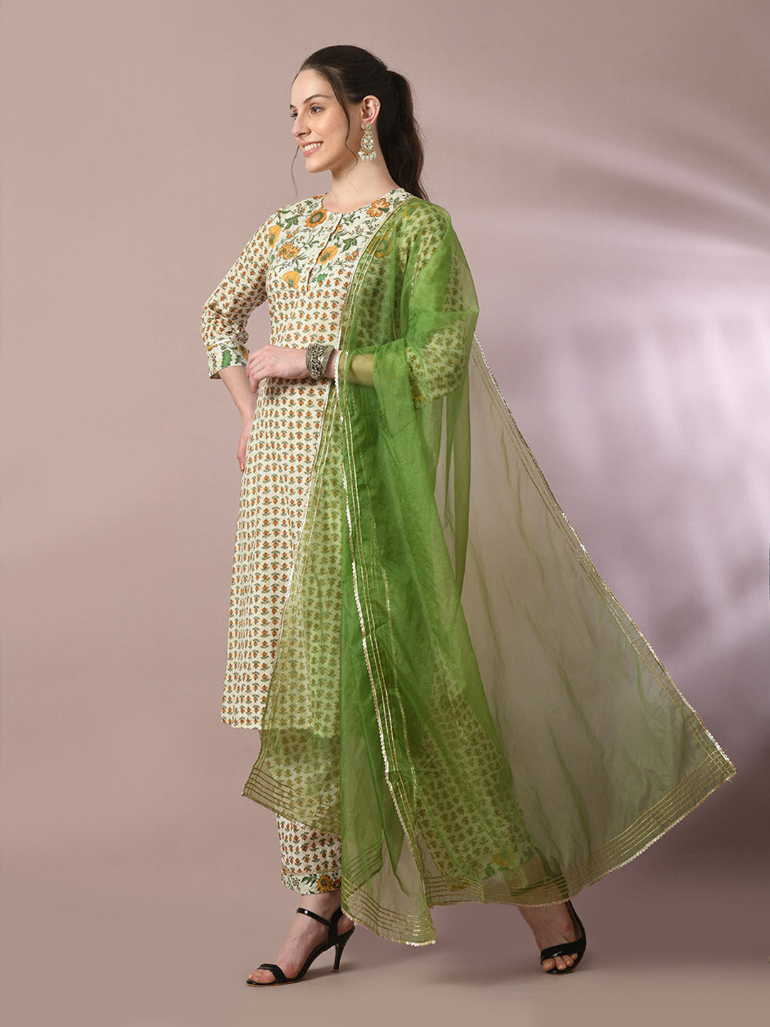 Women's  Multi Printed Cotton Straight Party Kurta Sets With Dupatta