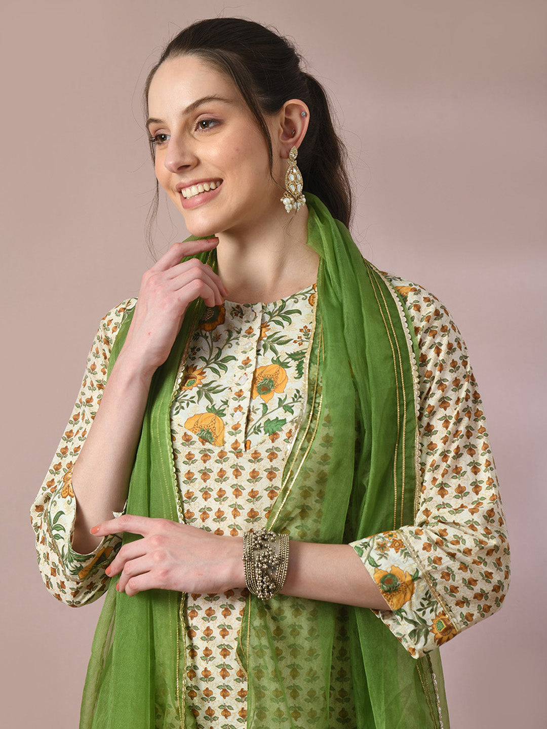 Women's  Multi Printed Cotton Straight Party Kurta Sets With Dupatta