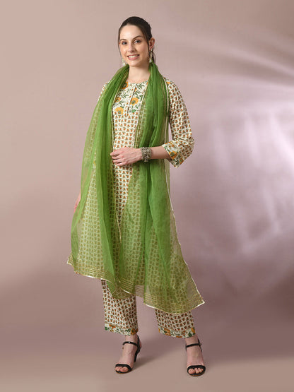 Women's  Multi Printed Cotton Straight Party Kurta Sets With Dupatta