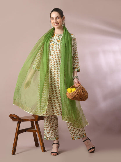 Women's  Multi Printed Cotton Straight Party Kurta Sets With Dupatta