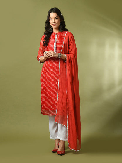 Women's  Red Printed Kota Straight Party Kurta Sets With Dupatta
