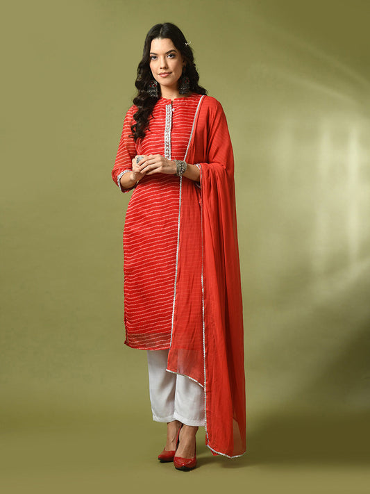 Women's  Red Printed Kota Straight Party Kurta Sets With Dupatta