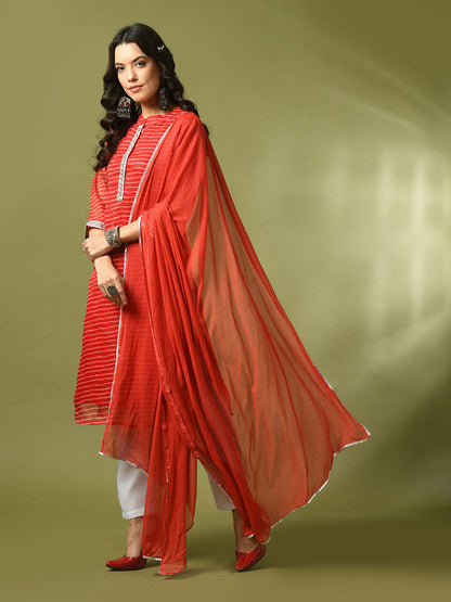 Women's  Red Printed Kota Straight Party Kurta Sets With Dupatta