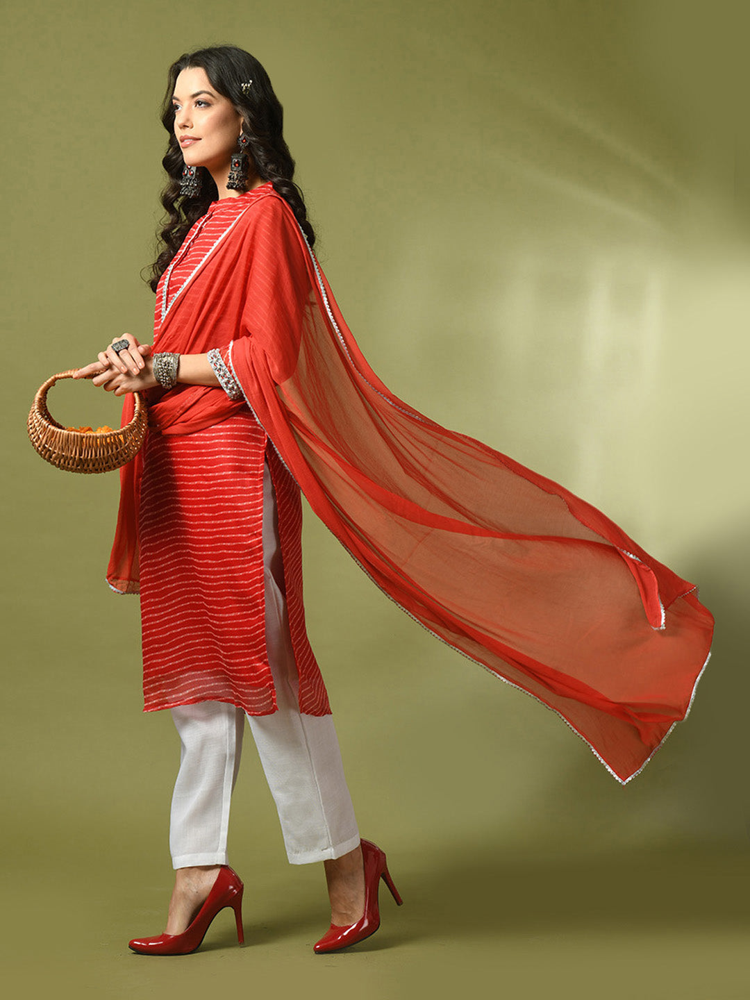 Women's  Red Printed Kota Straight Party Kurta Sets With Dupatta