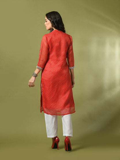 Women's  Red Printed Kota Straight Party Kurta Sets With Dupatta