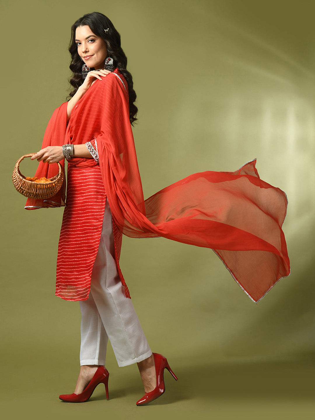 Women's  Red Printed Kota Straight Party Kurta Sets With Dupatta