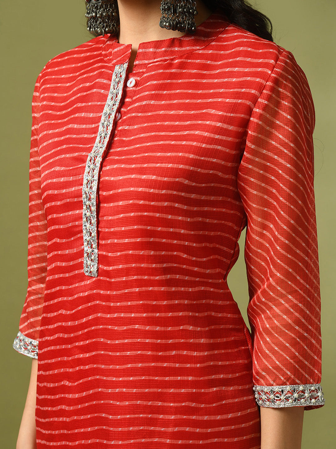 Women's  Red Printed Kota Straight Party Kurta Sets With Dupatta