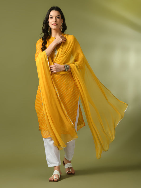Women's  Yellow Printed Kota Straight Party Kurta Sets With Dupatta