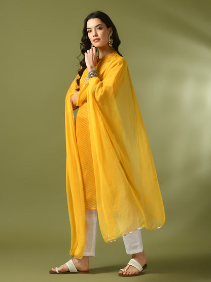 Women's  Yellow Printed Kota Straight Party Kurta Sets With Dupatta