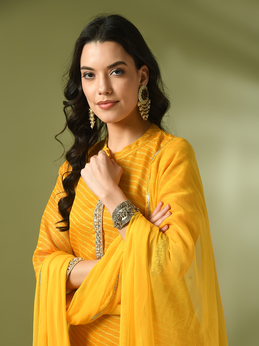 Women's  Yellow Printed Kota Straight Party Kurta Sets With Dupatta