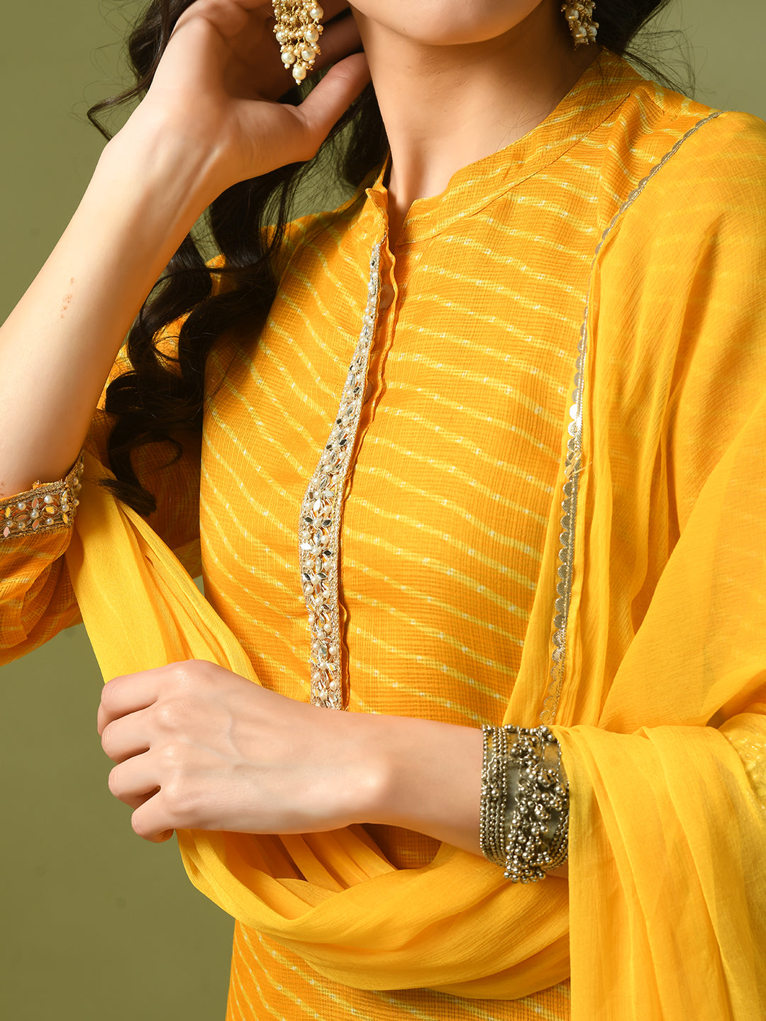Women's  Yellow Printed Kota Straight Party Kurta Sets With Dupatta