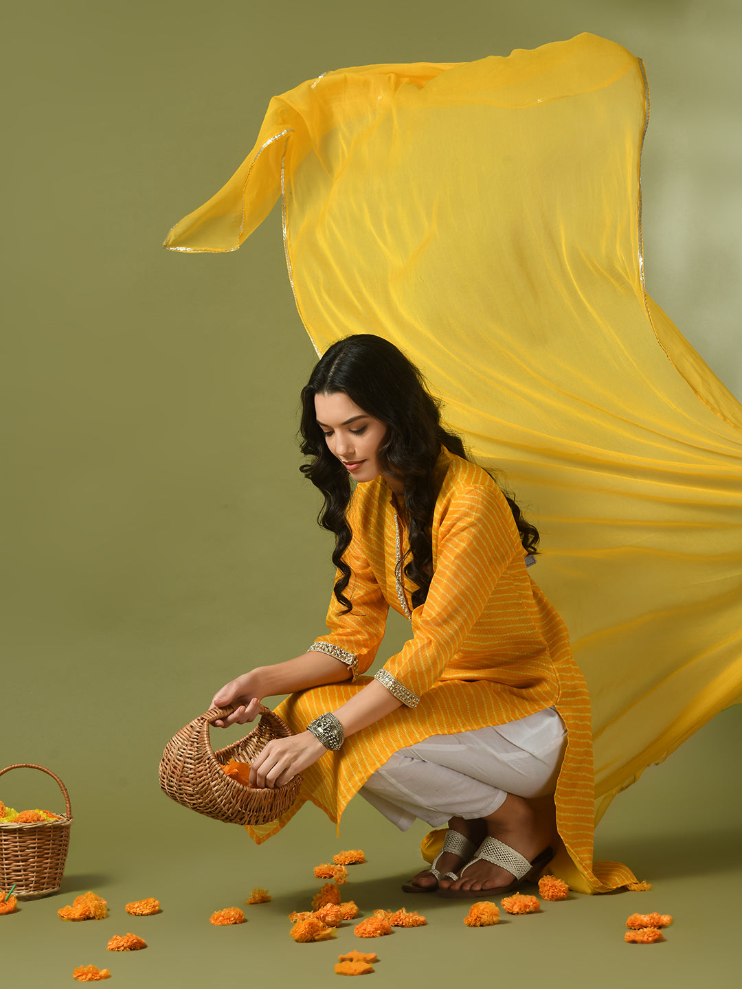 Women's  Yellow Printed Kota Straight Party Kurta Sets With Dupatta