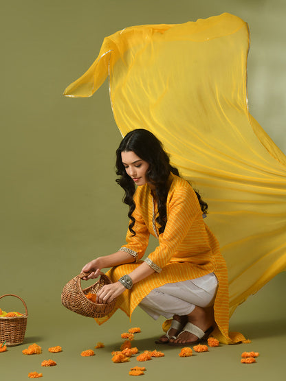 Women's  Yellow Printed Kota Straight Party Kurta Sets With Dupatta