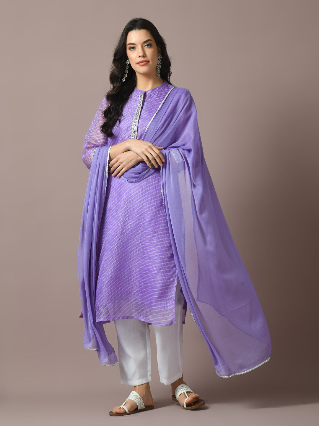 Women's  Lavender Printed Kota Straight Party Kurta Sets With Dupatta