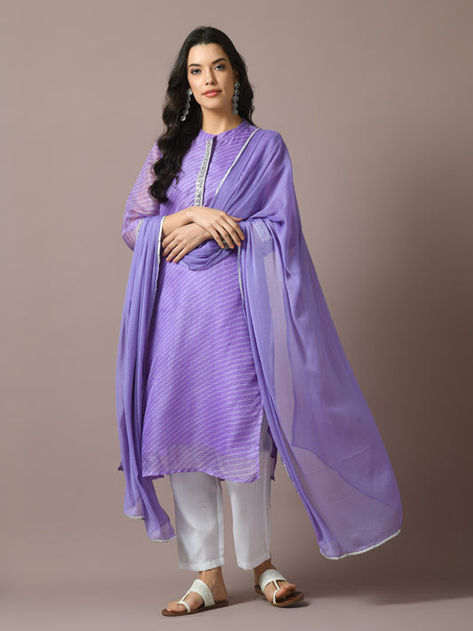 Women's  Lavender Printed Kota Straight Party Kurta Sets With Dupatta
