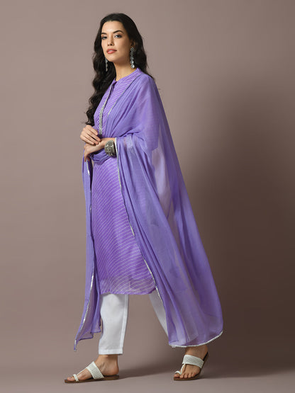 Women's  Lavender Printed Kota Straight Party Kurta Sets With Dupatta