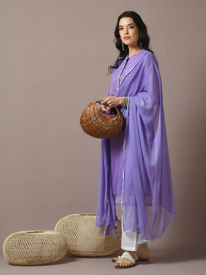 Women's  Lavender Printed Kota Straight Party Kurta Sets With Dupatta