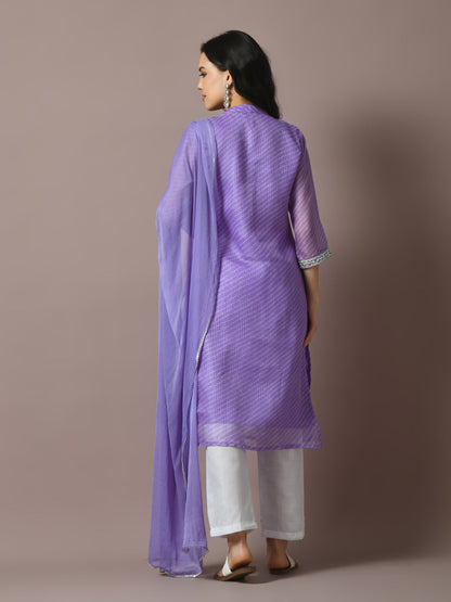 Women's  Lavender Printed Kota Straight Party Kurta Sets With Dupatta