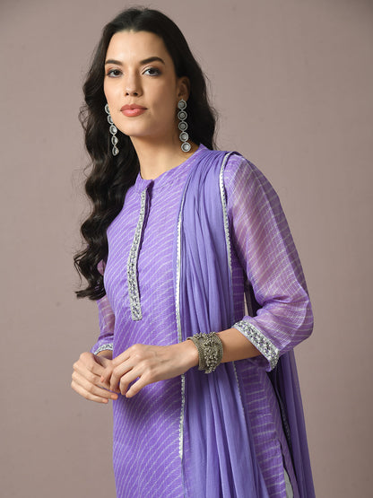 Women's  Lavender Printed Kota Straight Party Kurta Sets With Dupatta