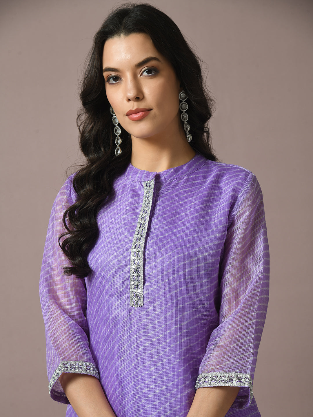 Women's  Lavender Printed Kota Straight Party Kurta Sets With Dupatta