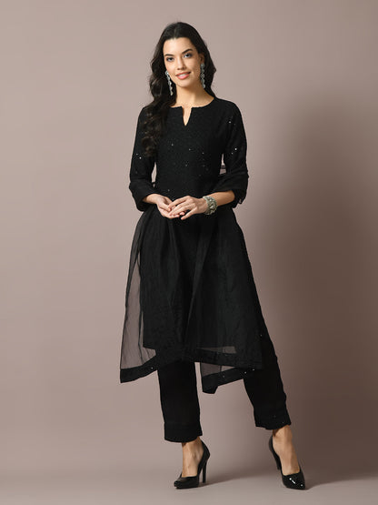 Women's  Black Embroidered Cotton Straight Party Kurta Sets With Dupatta