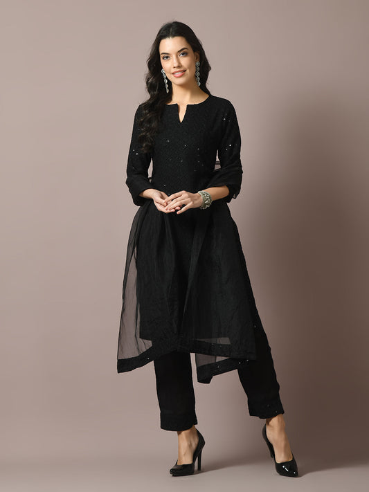 Women's  Black Embroidered Cotton Straight Party Kurta Sets With Dupatta