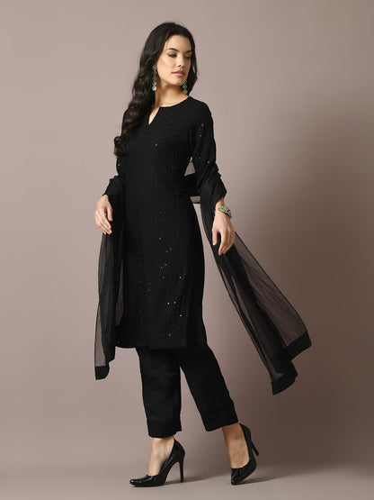 Women's  Black Embroidered Cotton Straight Party Kurta Sets With Dupatta
