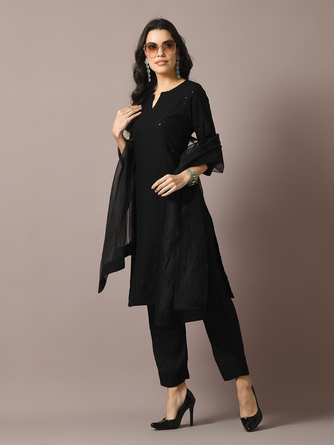 Women's  Black Embroidered Cotton Straight Party Kurta Sets With Dupatta