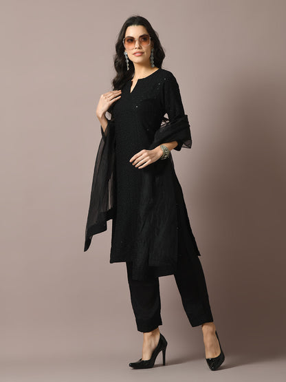 Women's  Black Embroidered Cotton Straight Party Kurta Sets With Dupatta