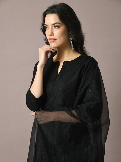 Women's  Black Embroidered Cotton Straight Party Kurta Sets With Dupatta