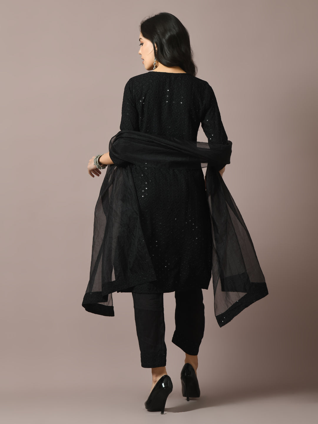 Women's  Black Embroidered Cotton Straight Party Kurta Sets With Dupatta