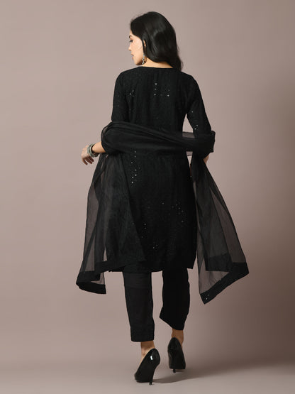 Women's  Black Embroidered Cotton Straight Party Kurta Sets With Dupatta