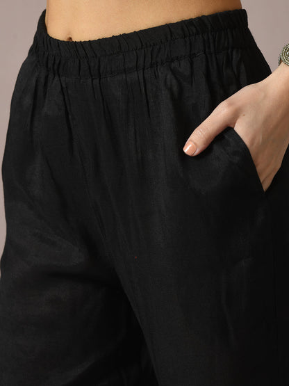 Women's  Black Embroidered Cotton Straight Party Kurta Sets With Dupatta