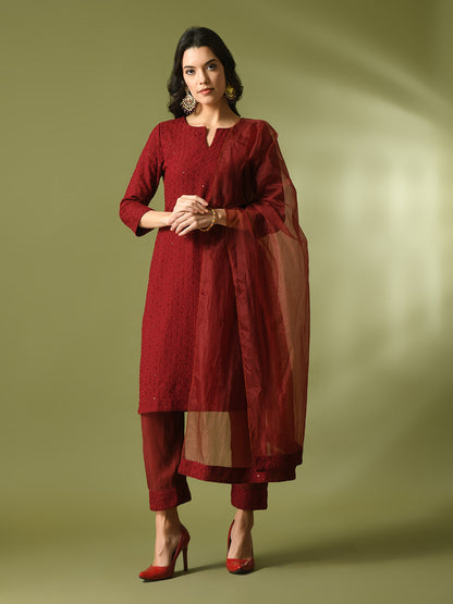 Women's  Maroon Embroidered Cotton Straight Party Kurta Sets With Dupatta