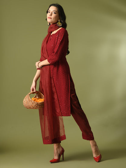Women's  Maroon Embroidered Cotton Straight Party Kurta Sets With Dupatta