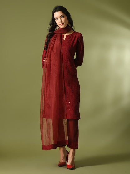 Women's  Maroon Embroidered Cotton Straight Party Kurta Sets With Dupatta